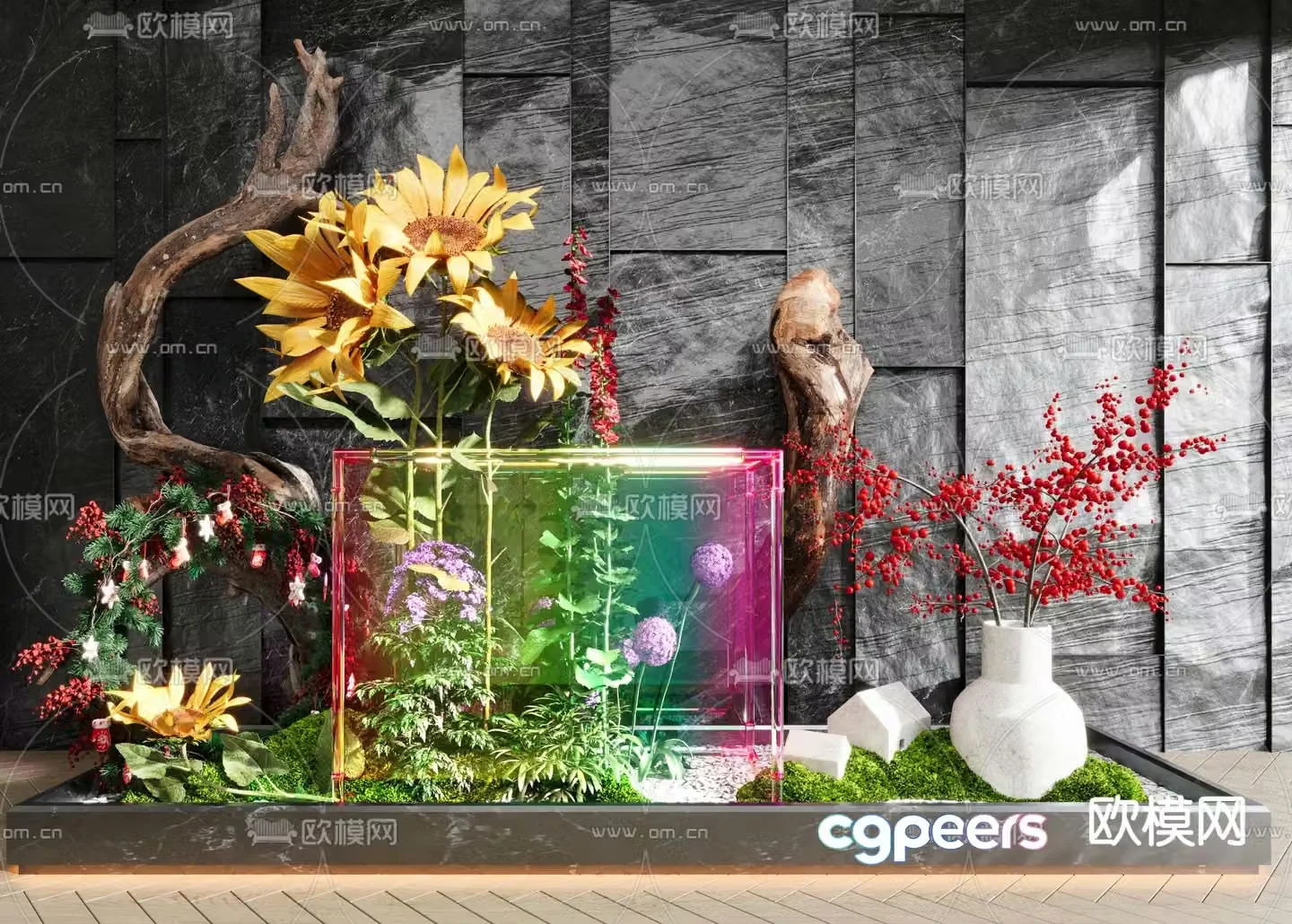 Indoor landscape dead tree roots colored glazed glass 3d model
