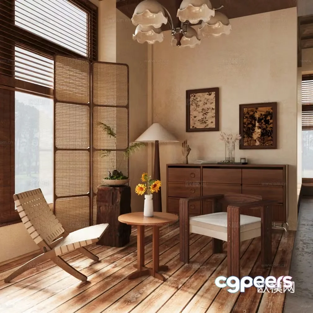 Wasabi leisure chair combination solid wood chest cabinet floor lamp Wasabi screen 3d model