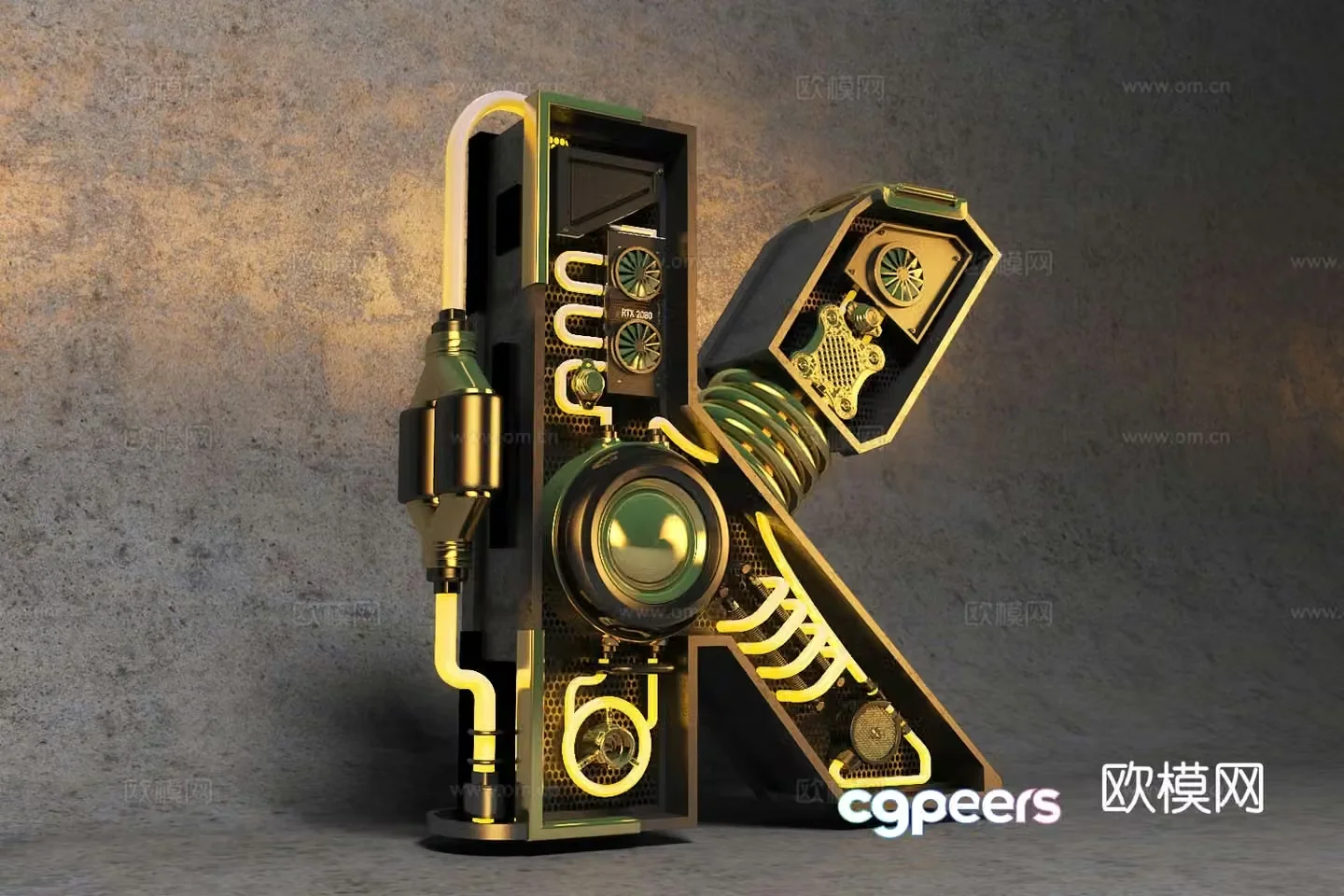 Industrial style water-cooled letter K art installation 3D model