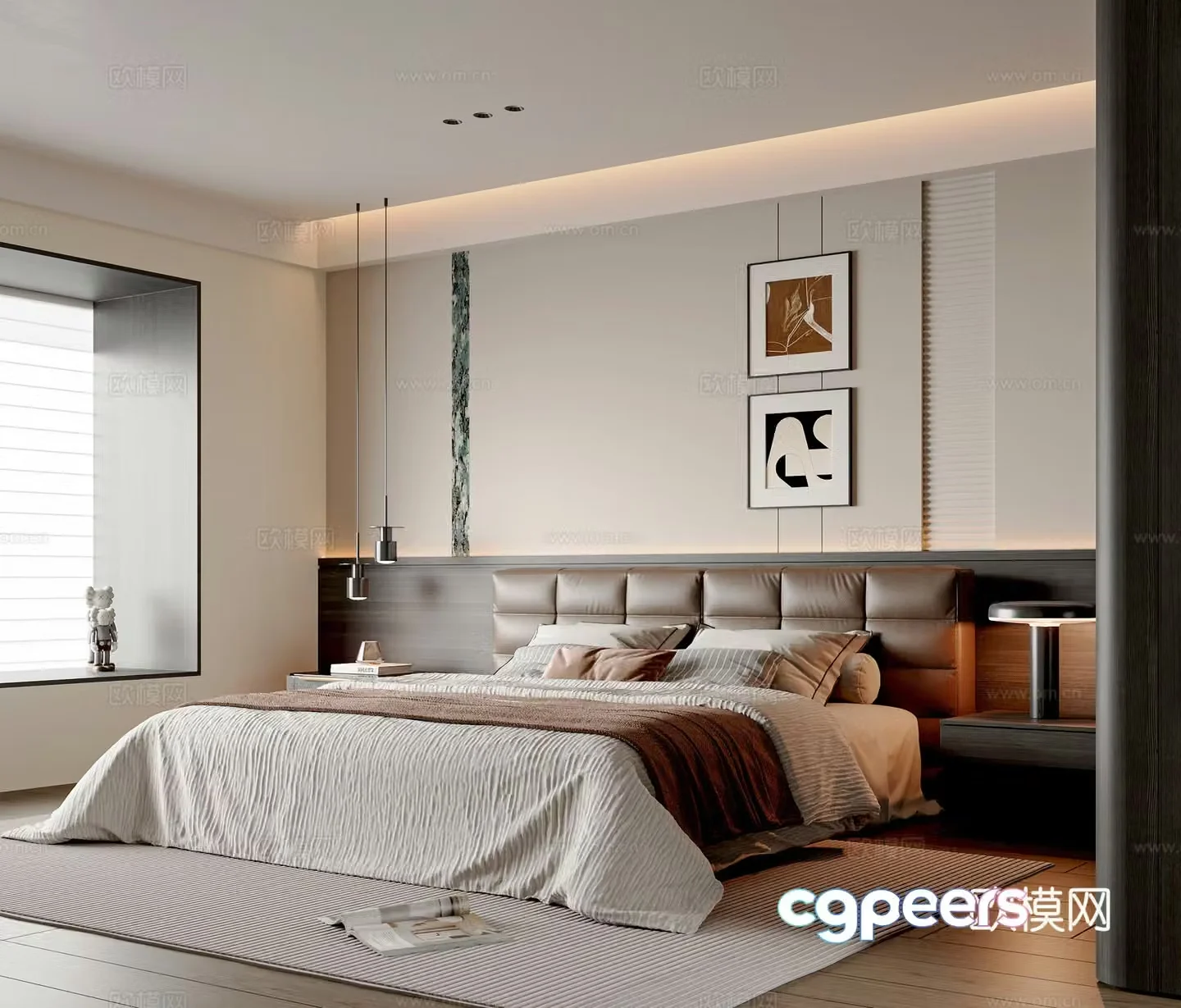Modern minimalist bedroom master bedroom double bed small chandeliers desk lamp bedroom accessories hanging paintings 3D model