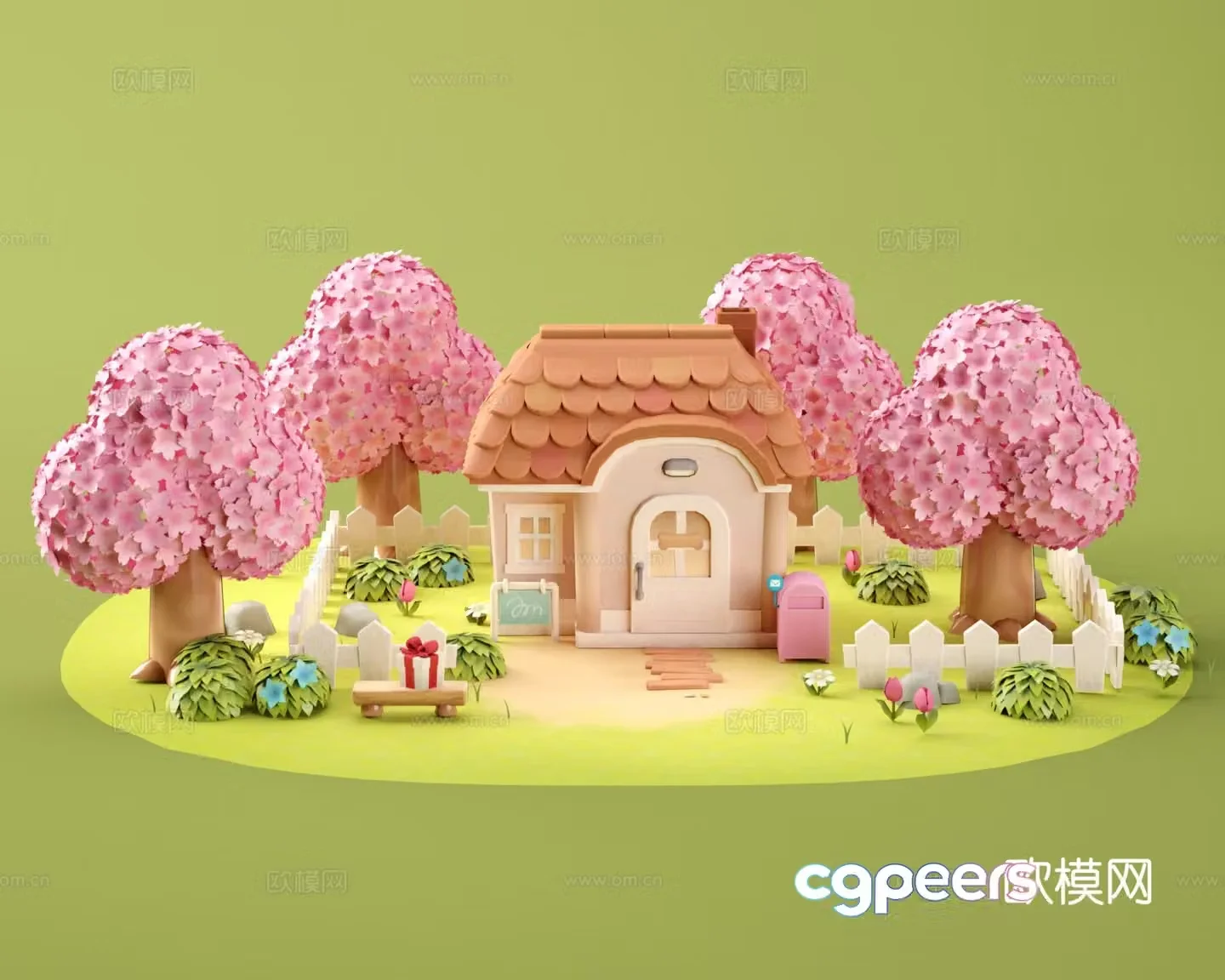 cartoon scene cartoon courtyard cartoon cherry blossom tree 3d model