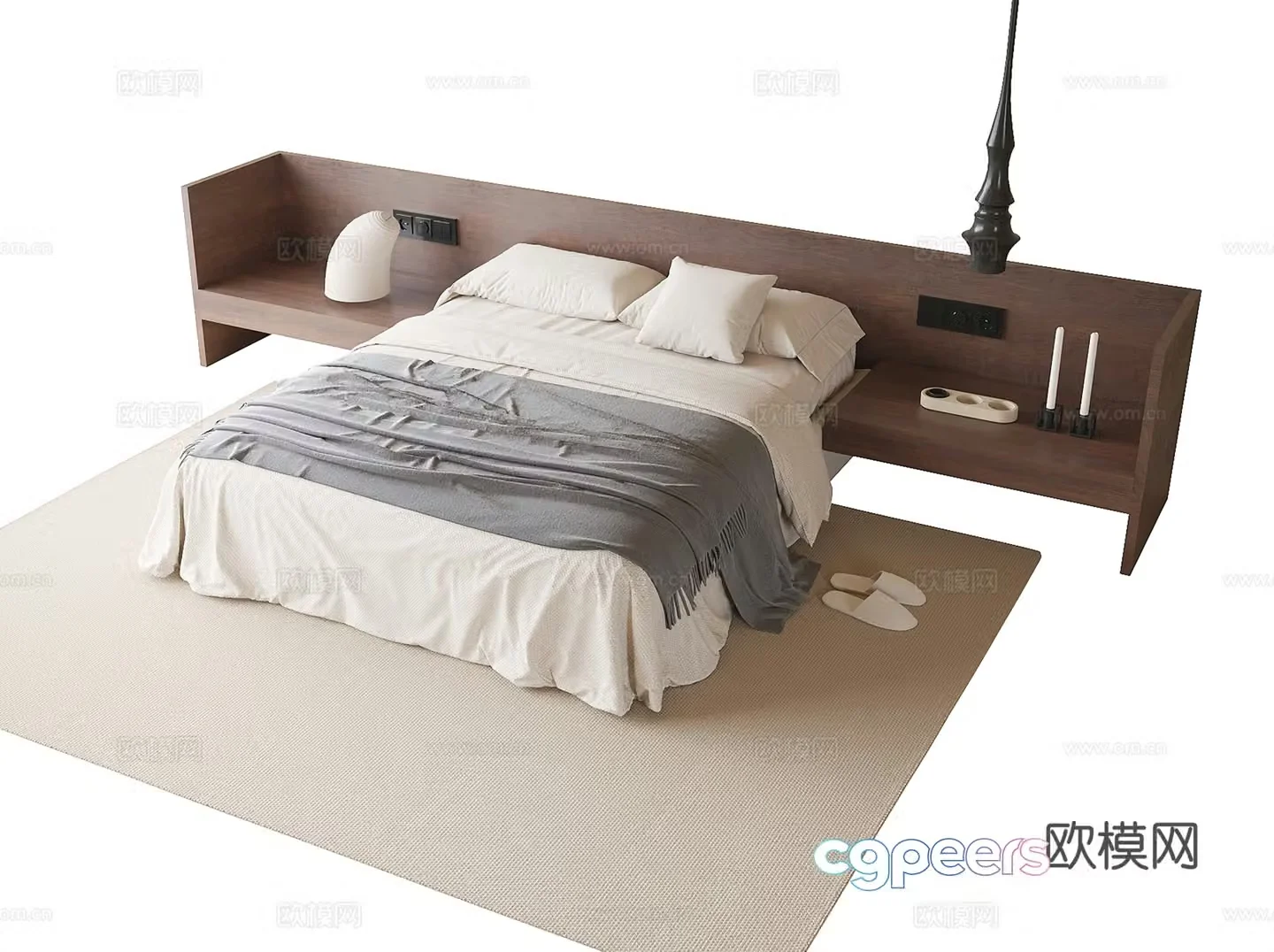 Modern double bed backrestless bed bed nightstand 3d model