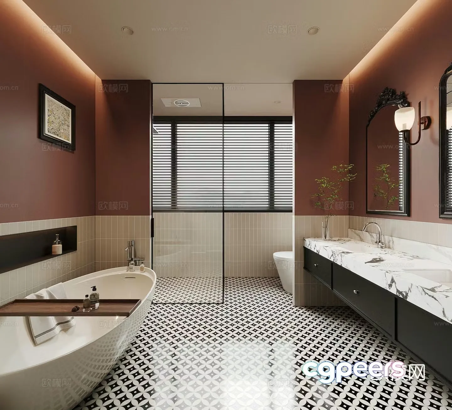 French retro style bathroom bathtub bathroom mirror 3d model