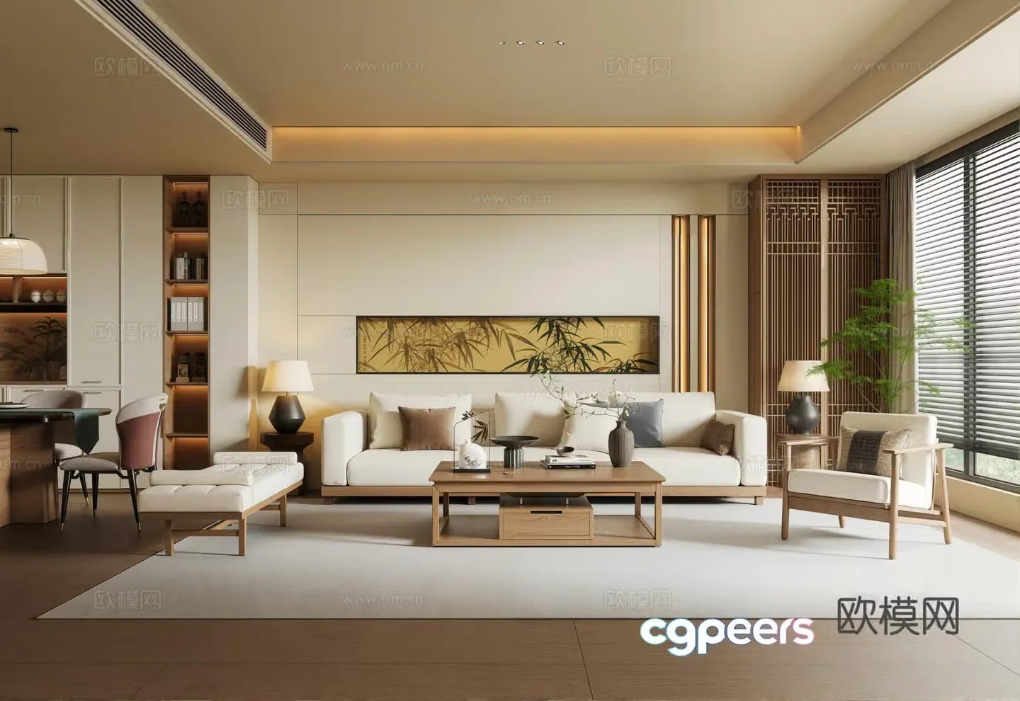 New Chinese style Song’s living room sofa coffee table combination sideboard dining table and chair sofa background wall 3D model