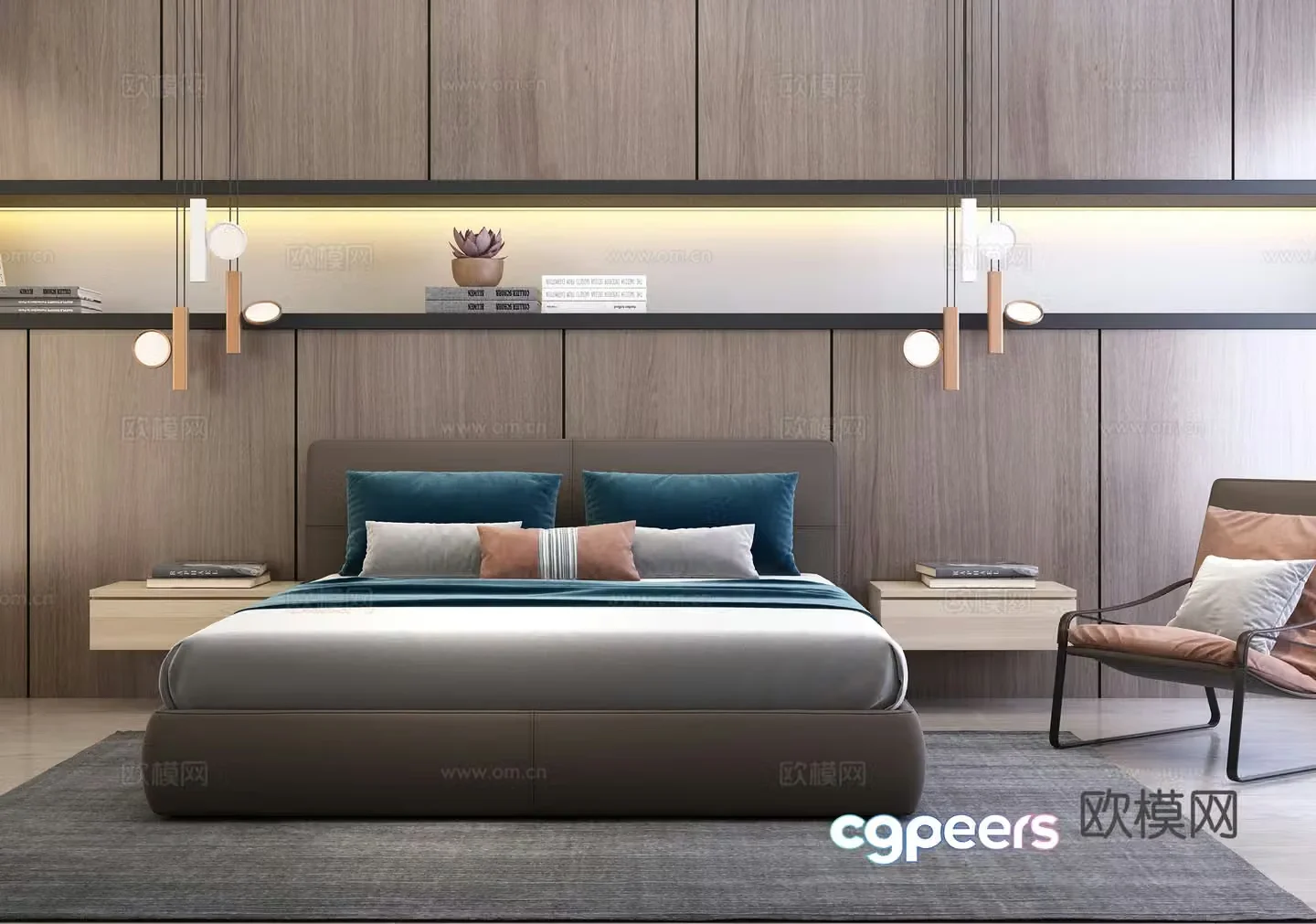 Modern double bed wall decoration bedside table chandeliers 3d model