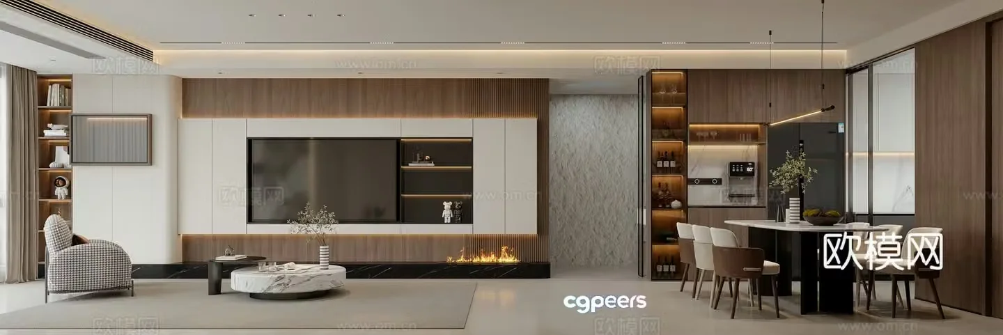 Modern living and dining room 3d model