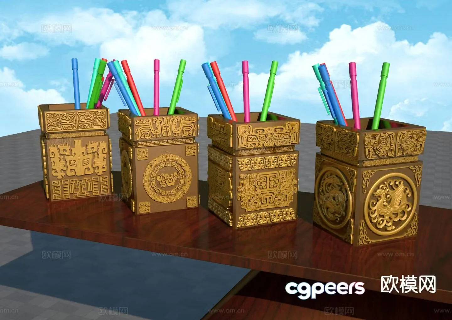 Taotie embossed pen holder metal pen holder oil pen 3D model