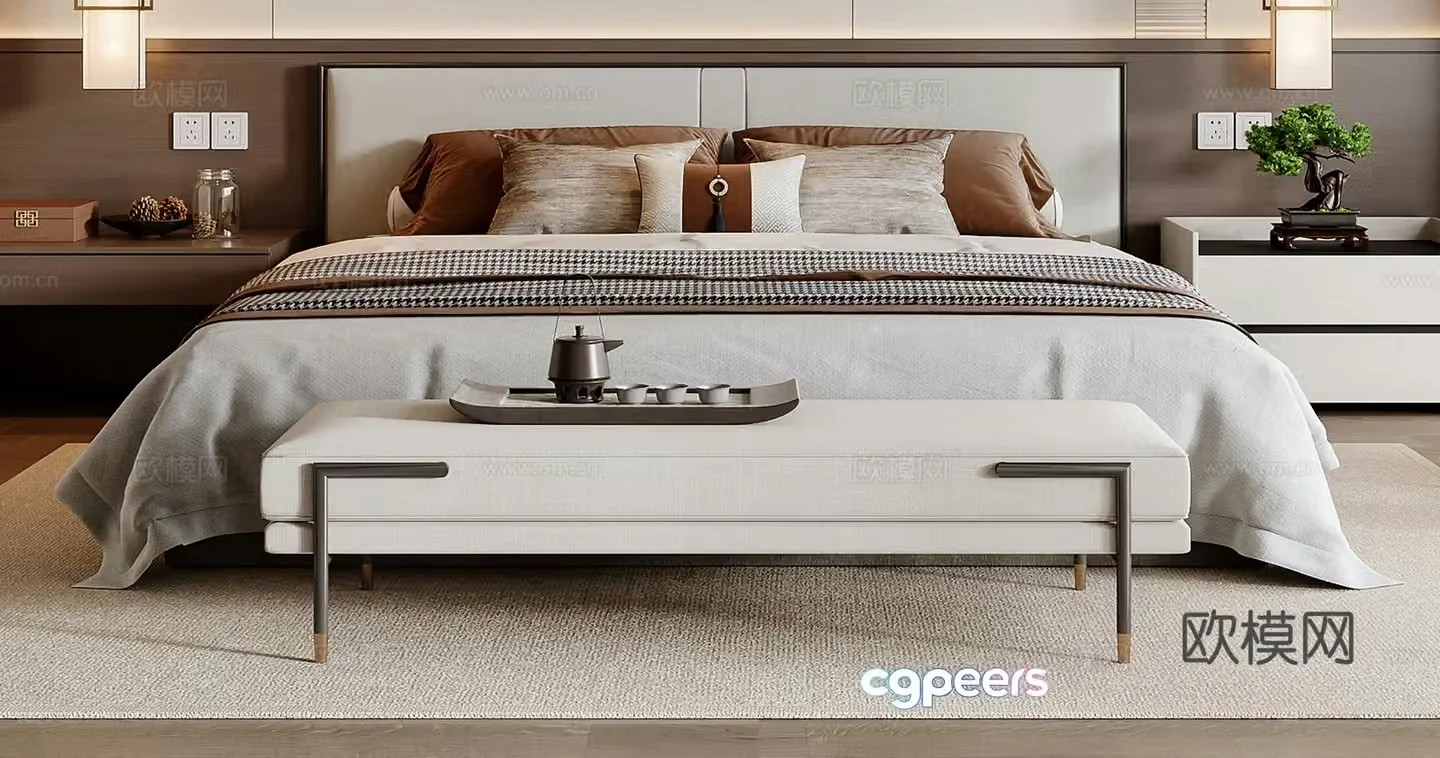 New Chinese style double bed 3D model