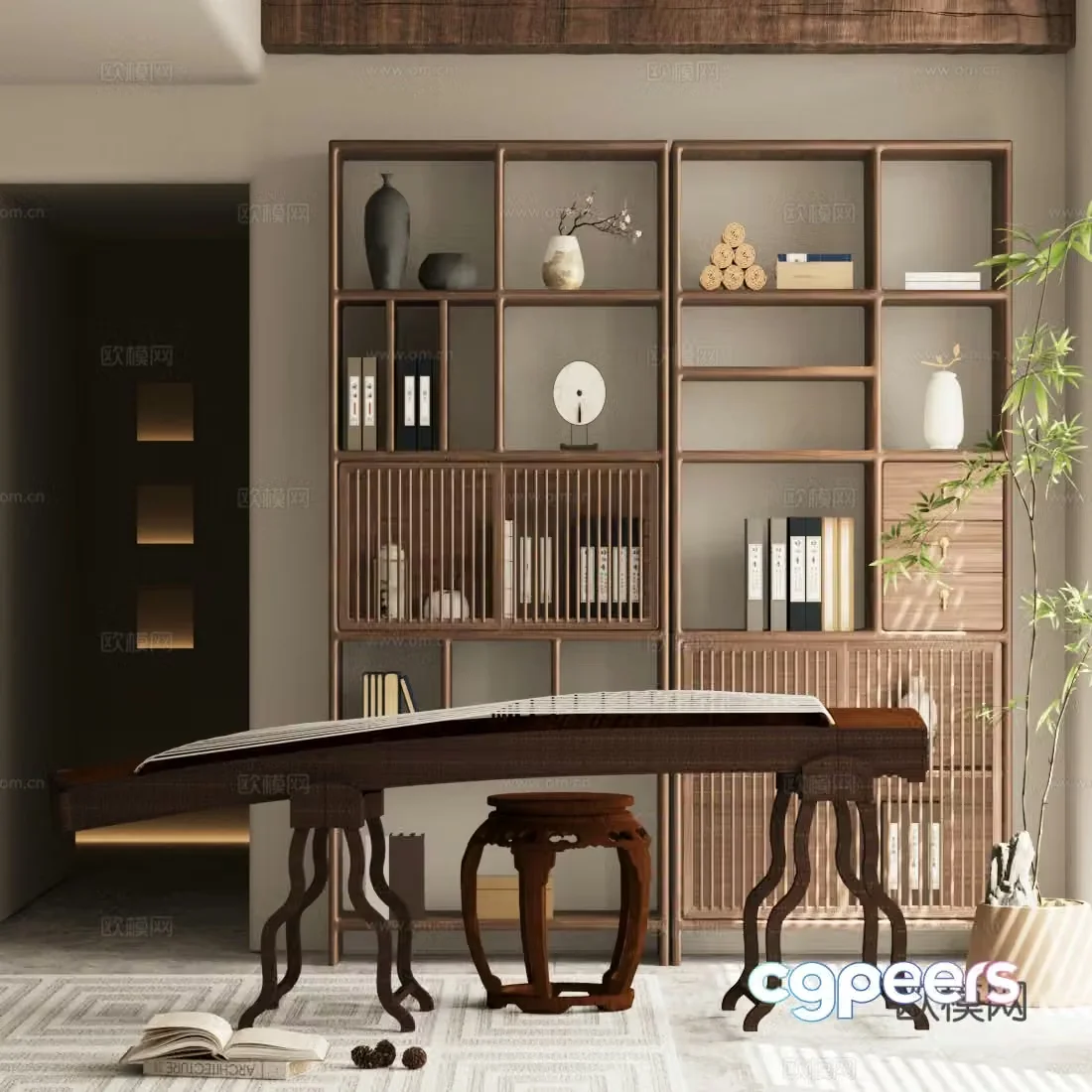 New Chinese style antique shelf storage shelf ornament combination guzheng 3d model