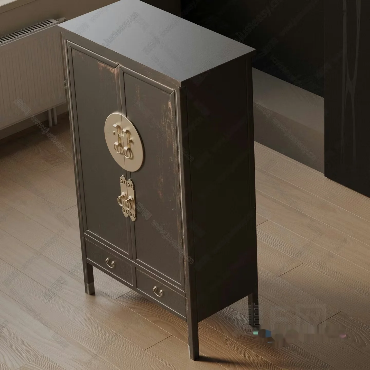 A Tall Dark Wooden Cabinet With Ornate Handles 3D Model – 7817 – VRAY Render