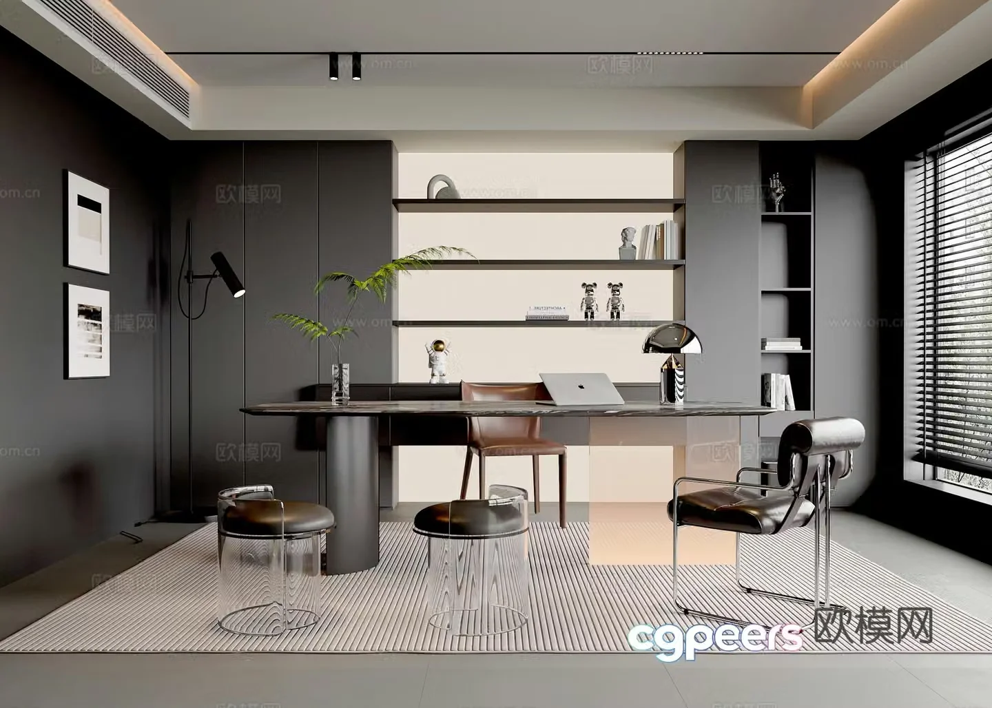 Modern Italian study desk and chair combination single chair book chair chandelier bookcase 3d model