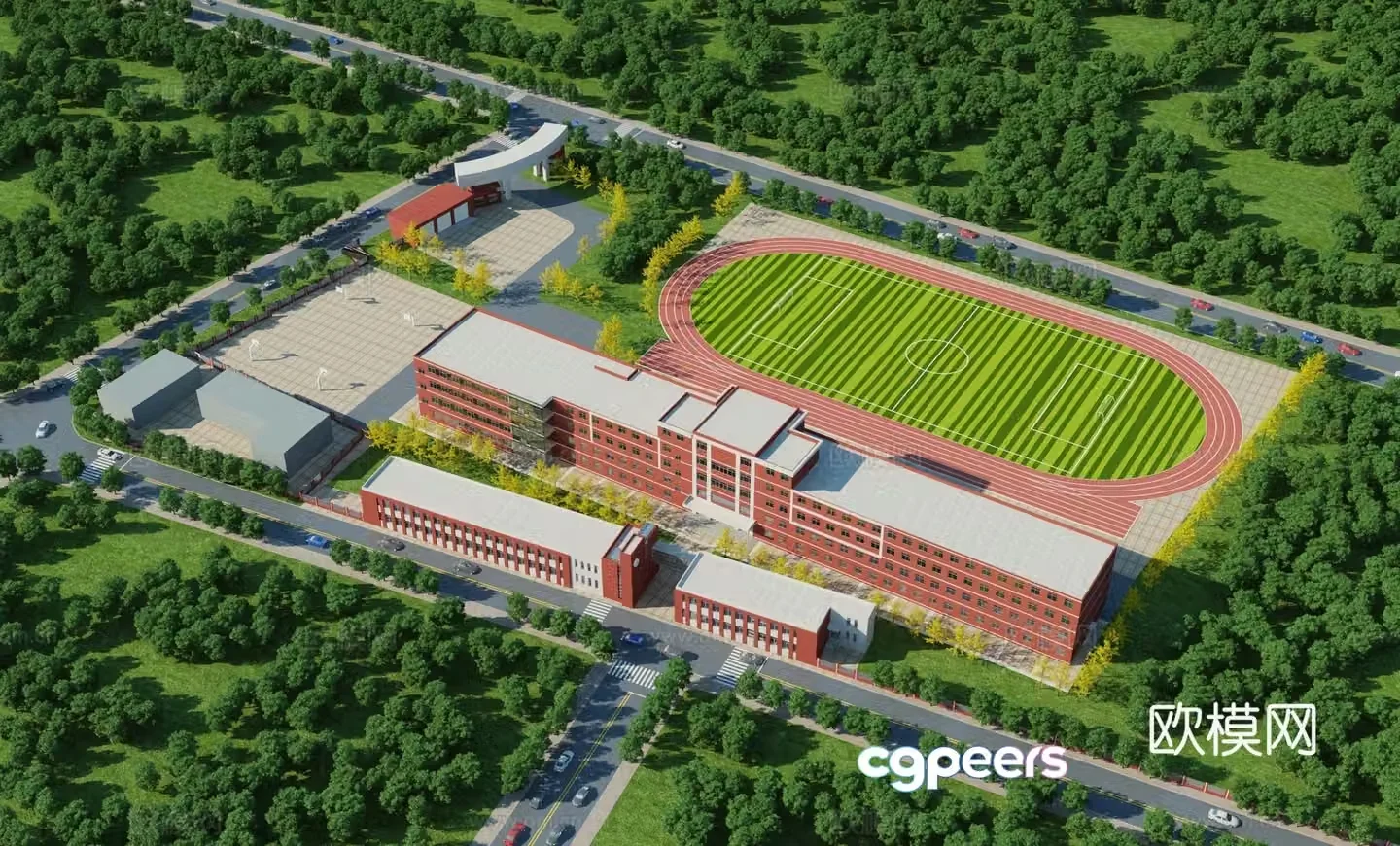 Aerial view 3d model of modern school building