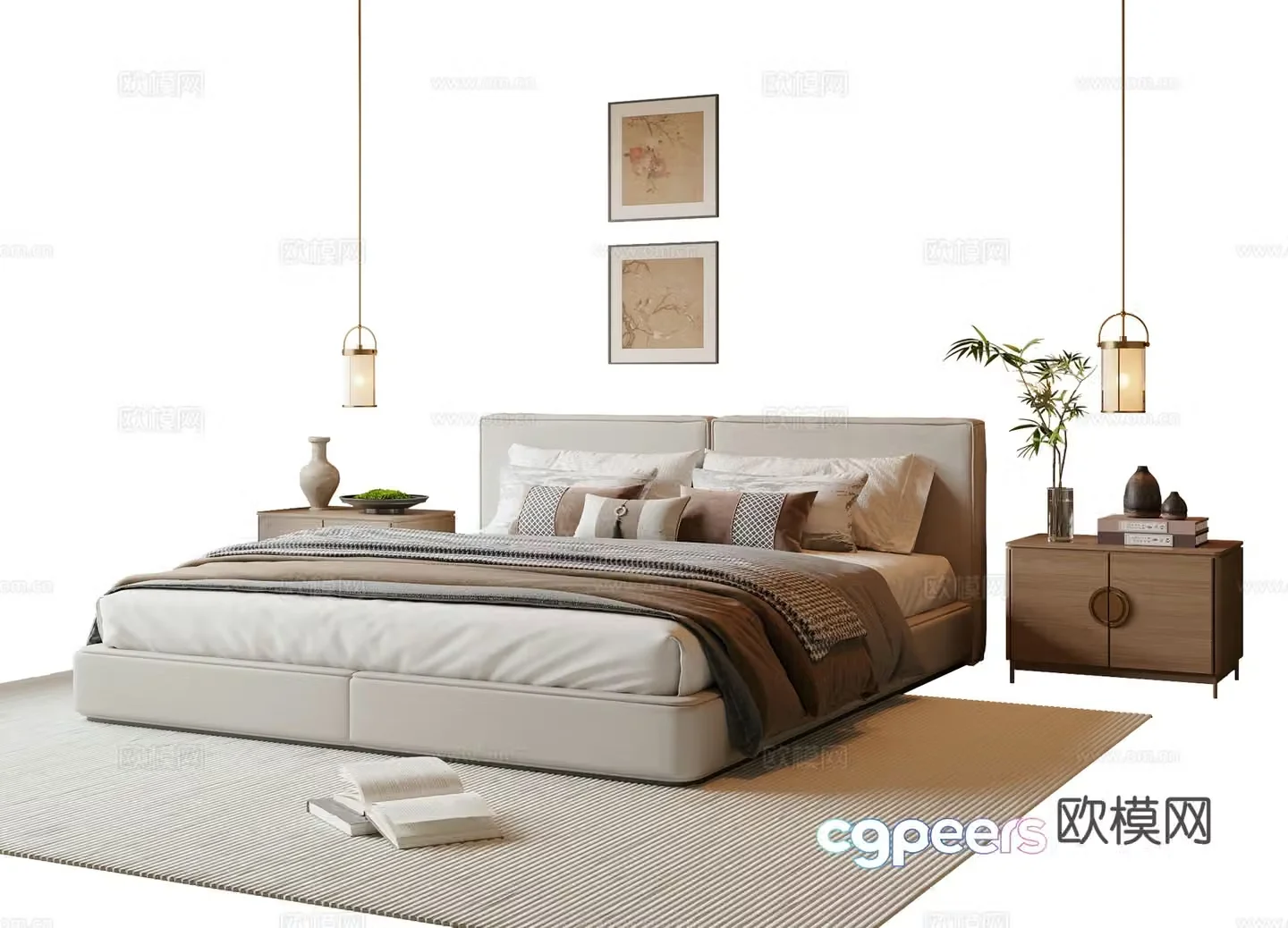 New Chinese Song style double bed 3D model