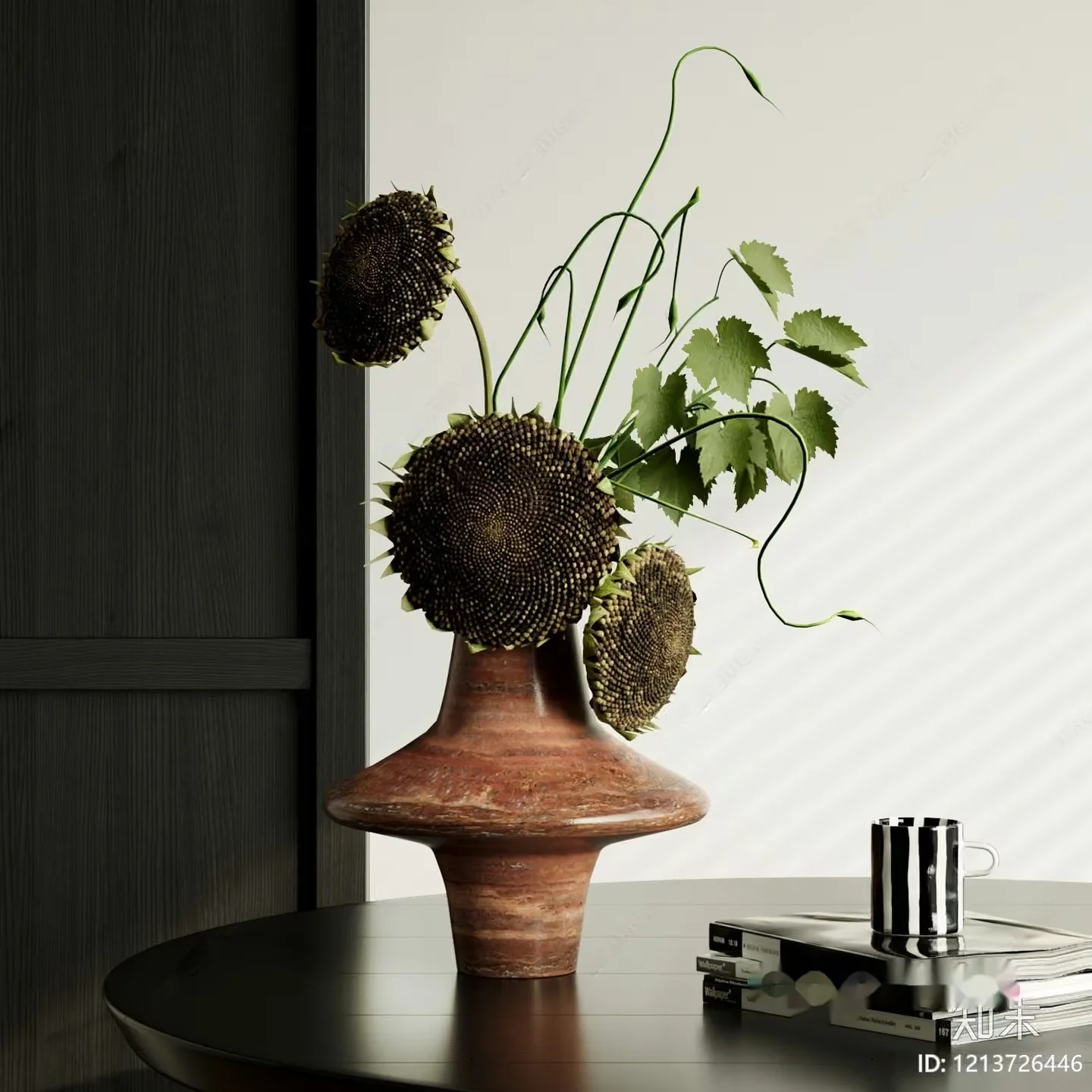 A Vase With Sunflowers And Greenery On A Table 3D Model – 16886 – VRAY Render