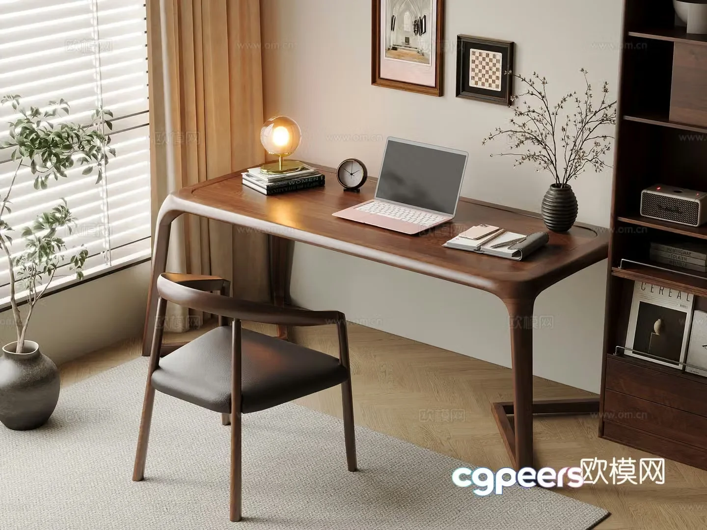 Middle-aged style desk and chair solid wood computer desk and chair writing desk study desk and chair solid wood single chair bookcase 3D model