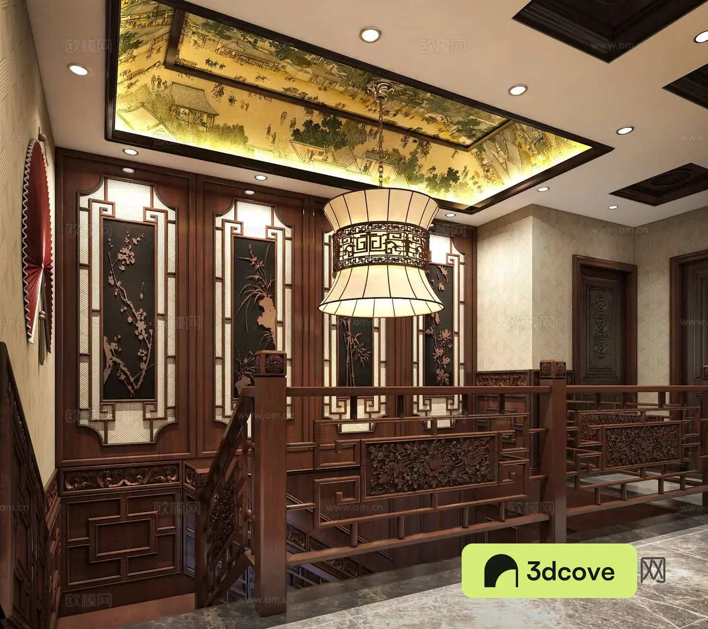 Chinese-style solid wood staircase Qingming River map wall panel