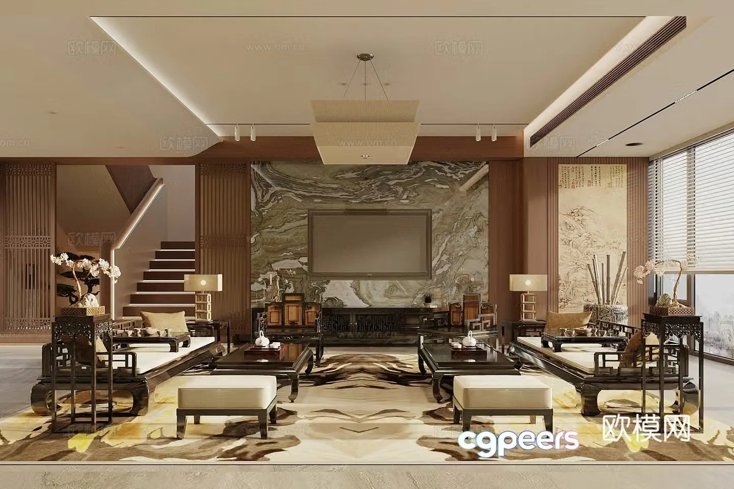 Song style new stroke living room sofa and coffee table combination Arhat bed Arhat couch TV background wall floor 3D model