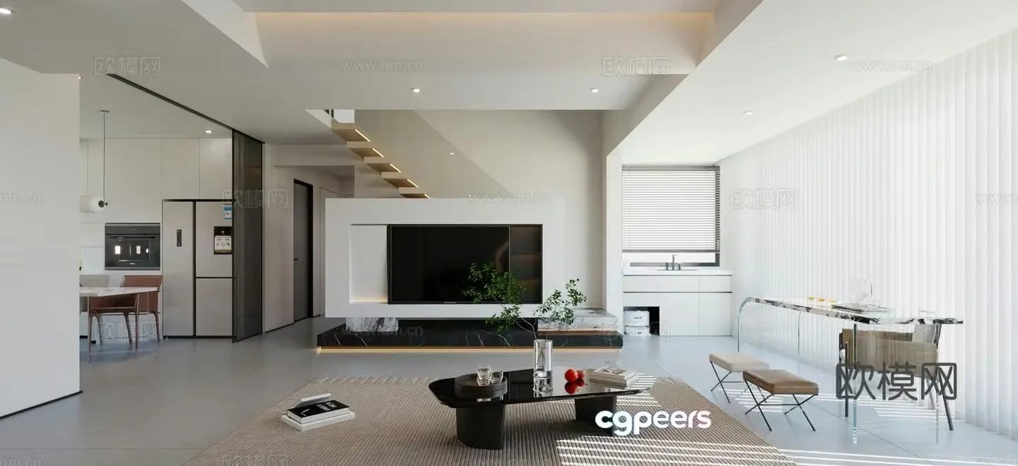 Modern living and dining room TV wall island dining table and chair balcony tea table stairs open kitchen sand 3d model