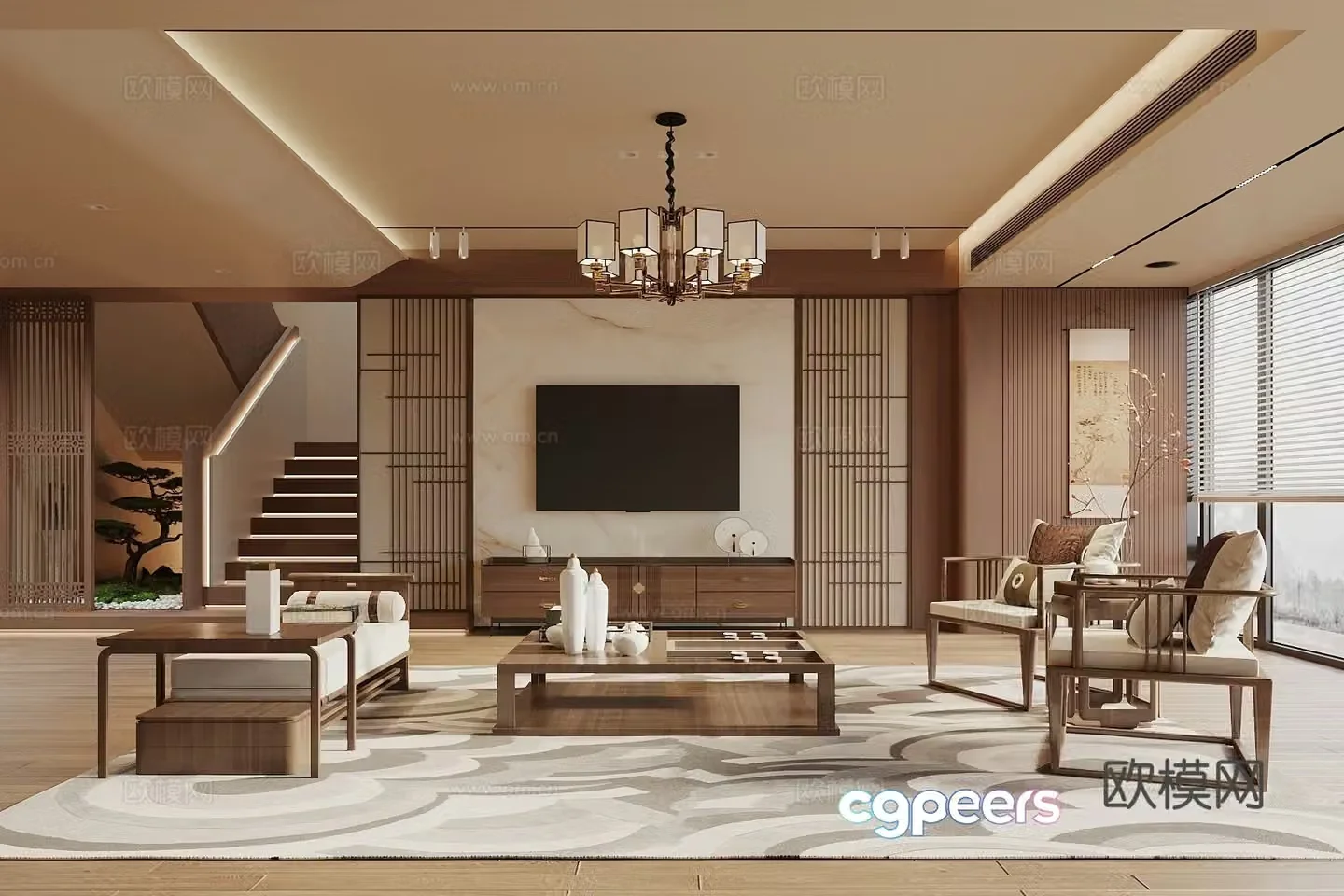 Song style new middle living room leisure chair and coffee table combination TV background wall interior landscape 3D model