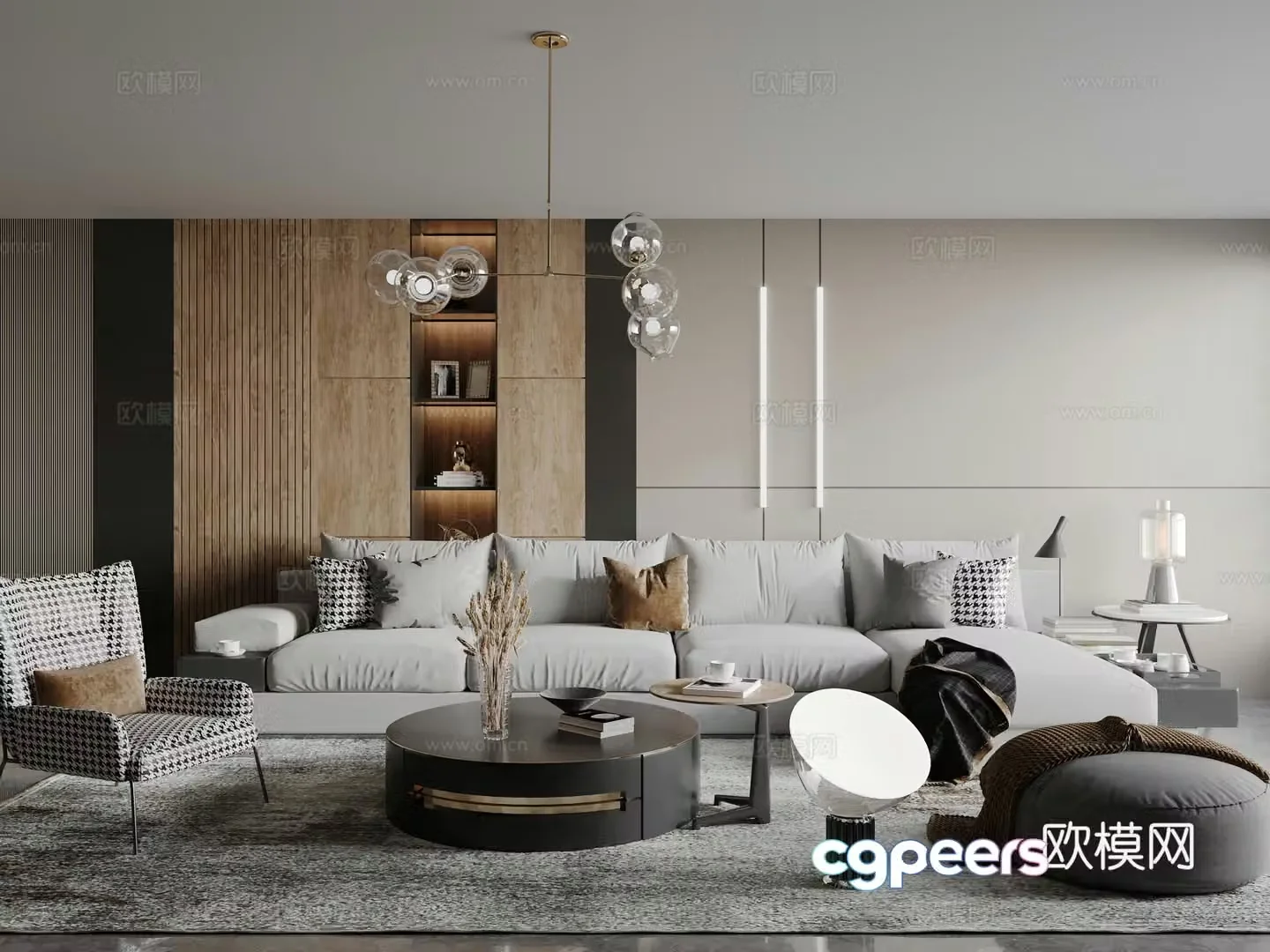 Modern light luxury living room sofa coffee table single chair side chandeliers wall light background wall 3D model