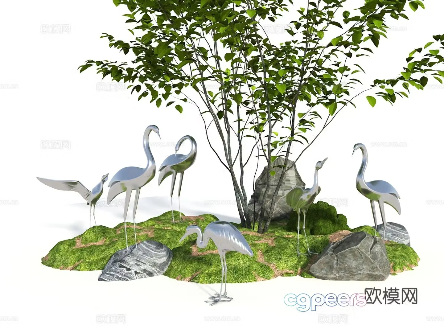 Crane sculpture Stainless steel Crane sculpture combination Landscape sculpture Landscape sketch Landscape 3D model