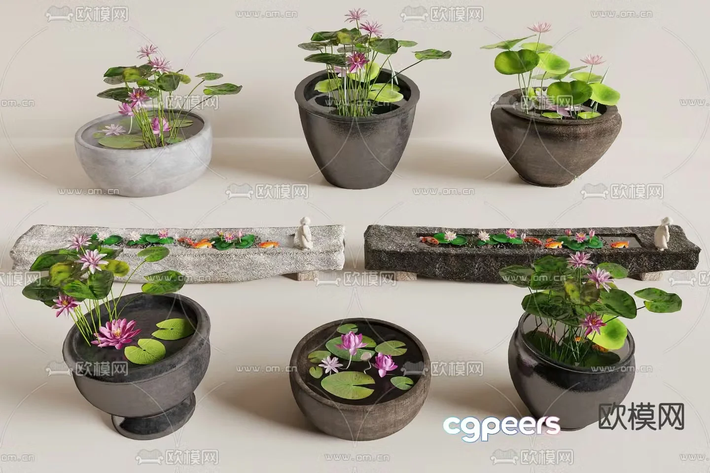 Chinese water tank stone trough micro landscape plant 3D model