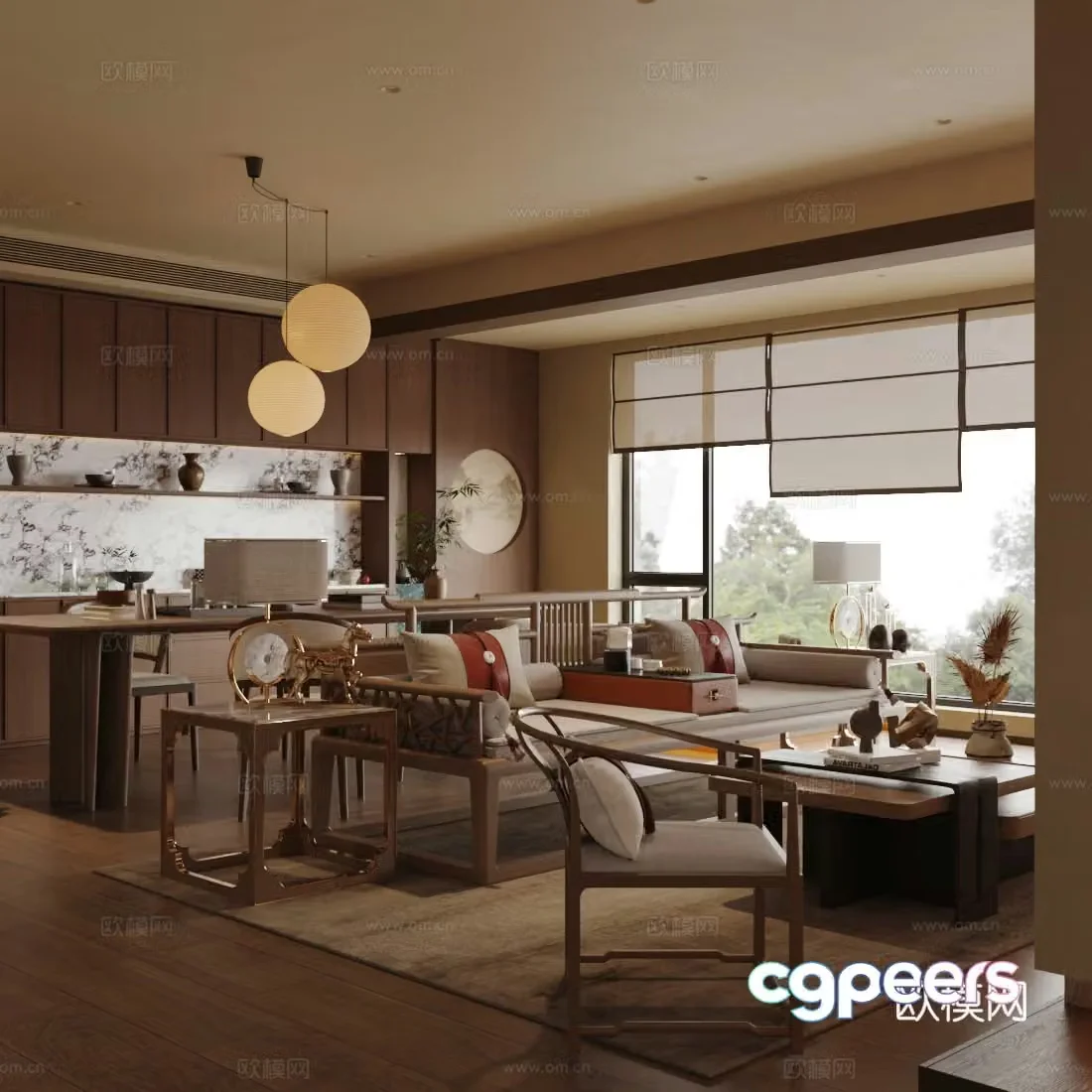 New Chinese Zen Home Living Room Song-style Aesthetic Living Room Chinese Living Room Sofa Coffee Table Combination 3D Model