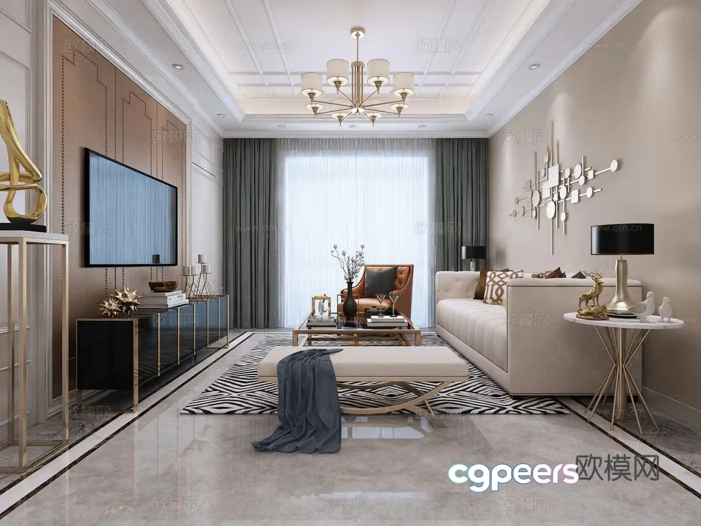 Simple European living room sofa coffee table TV cabinet chandeliers 3D model