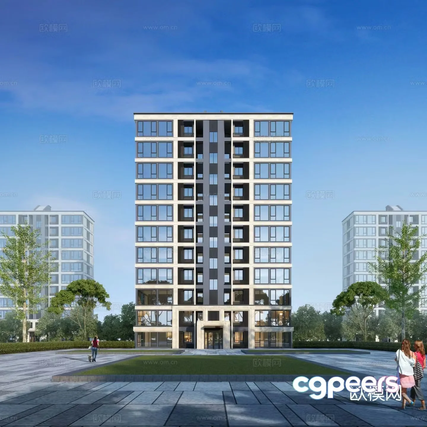 Multi-story residential building exterior 3D model