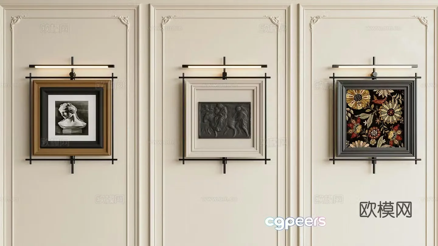 French retro hanging painting combination decorative painting French hanging painting combination painting French carved background wall 3D model
