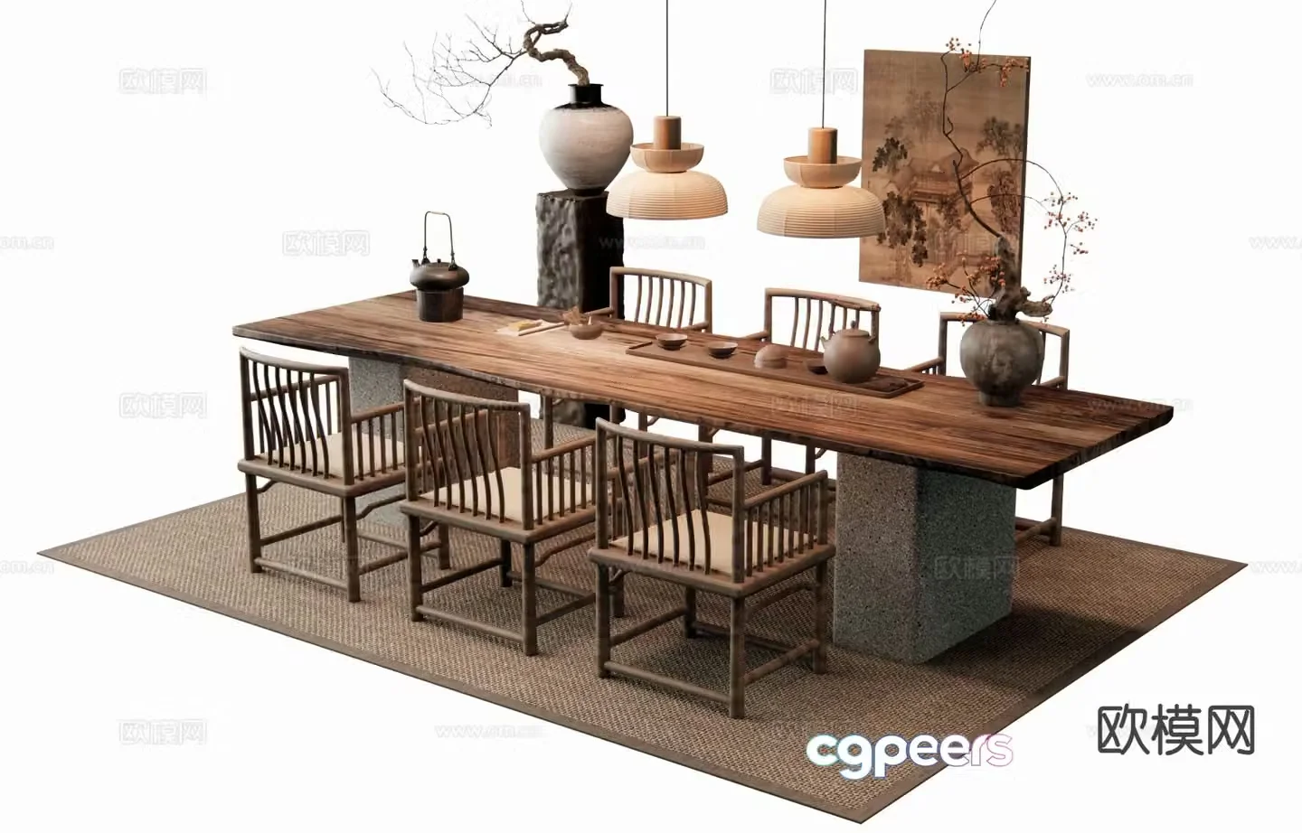 New Chinese-style tea table and chair large-board tea table 3D model