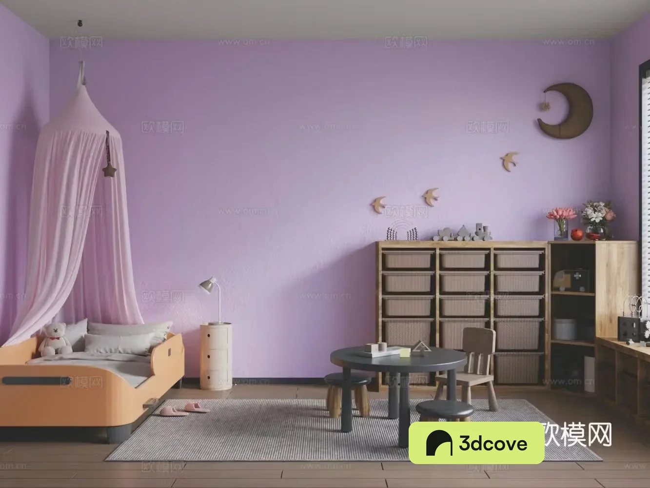 Modern bedroom children’s room children’s bed round table and chair combination solid wood high and low cabinet