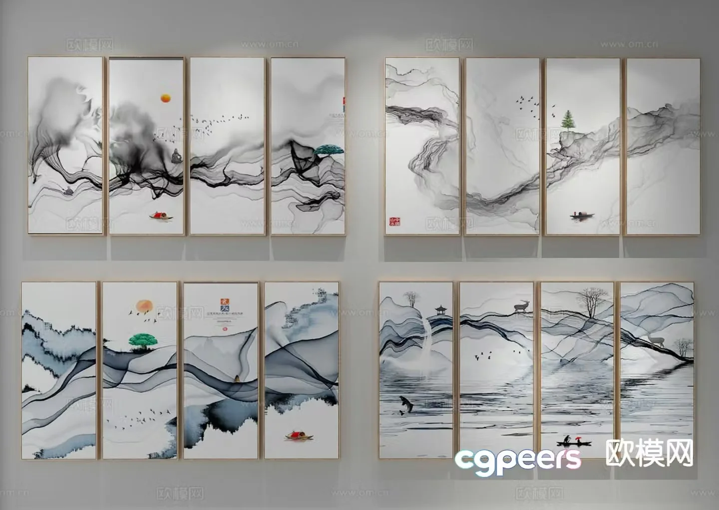 New Chinese style decorative painting ink hanging painting 3D model