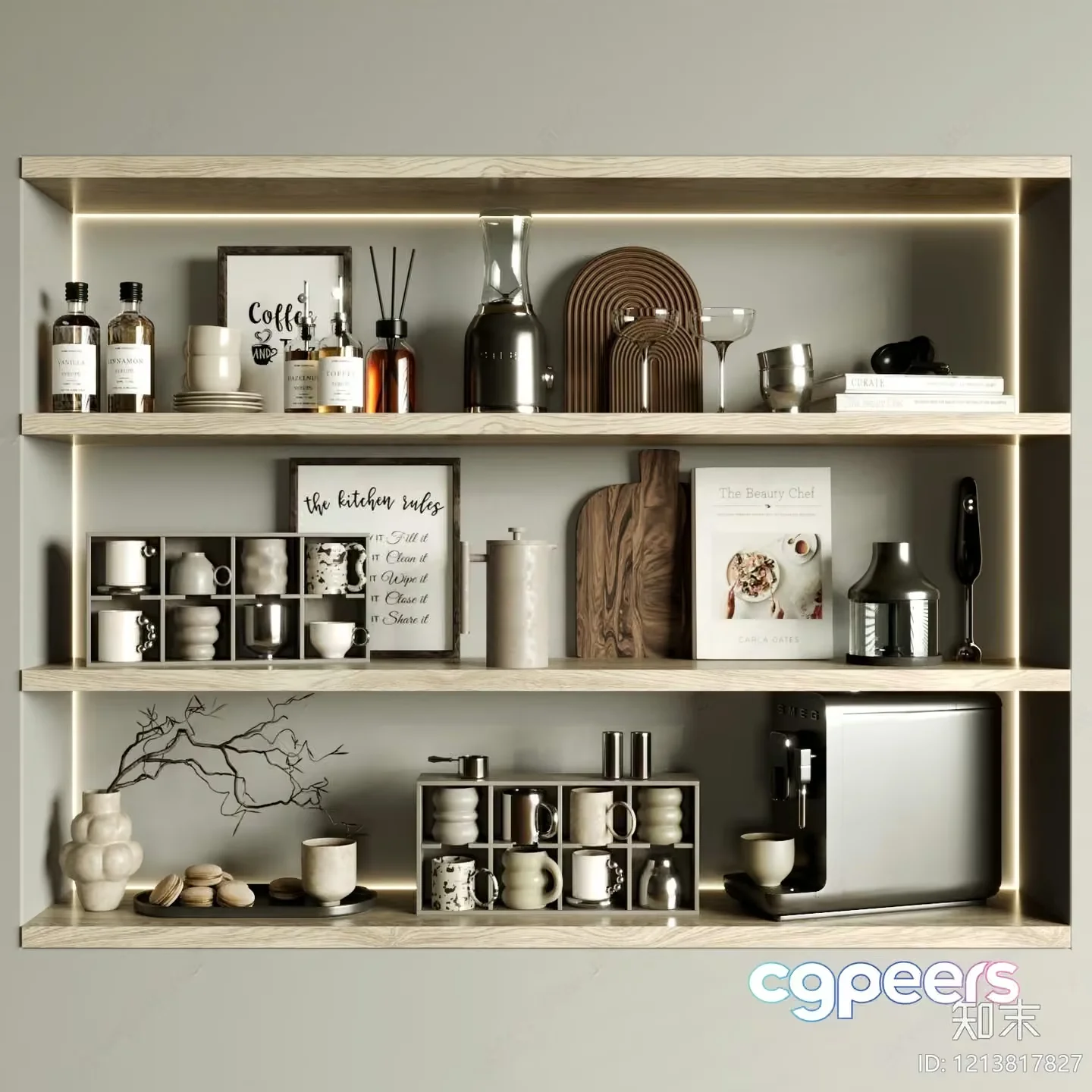 A Kitchen Shelf With Various Items 3D Model – 12904 – VRAY Render