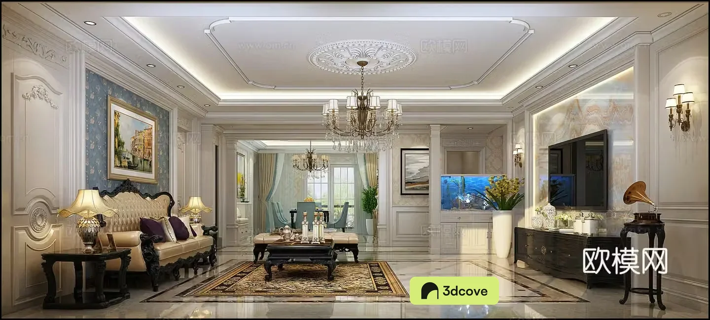 European style living room chandeliers desk lamp multi-person sofa single sofa coffee table decorative cabinet