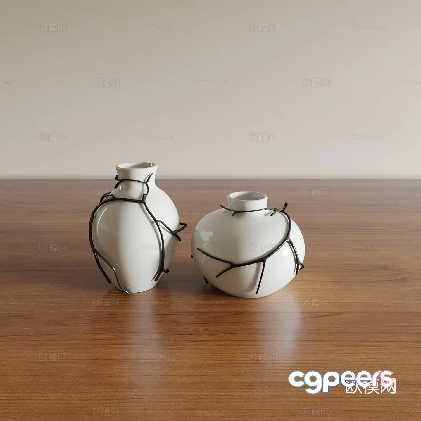 Two White Vases With Black Designs 3D Model – 21071 – VRAY Render