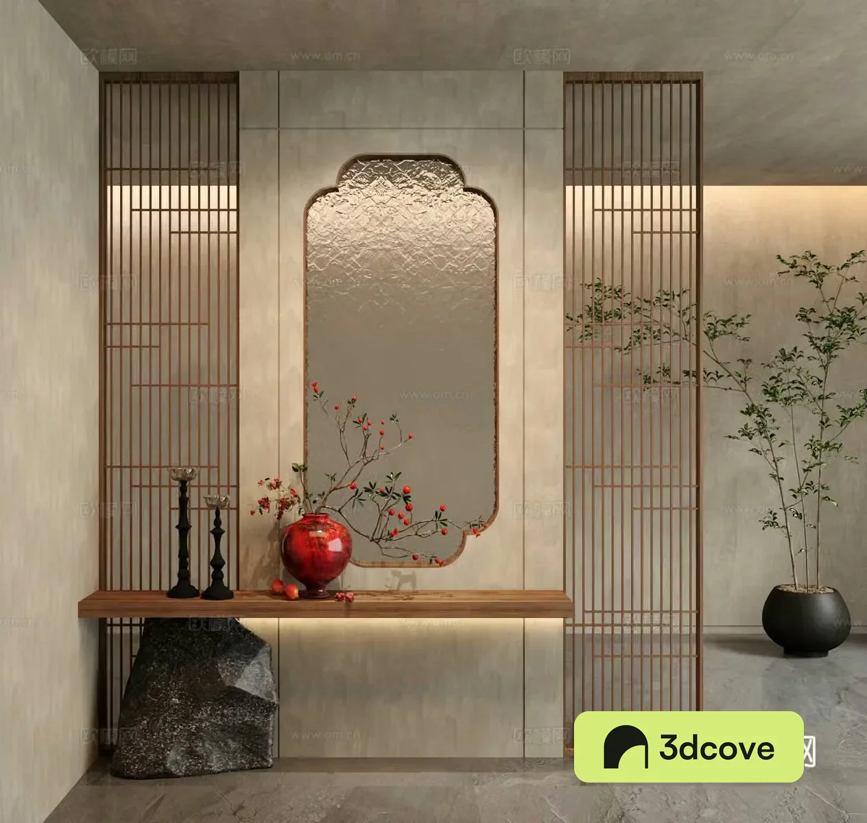 Wasabi New Chinese style entrance partition lattice glass partition 3D model