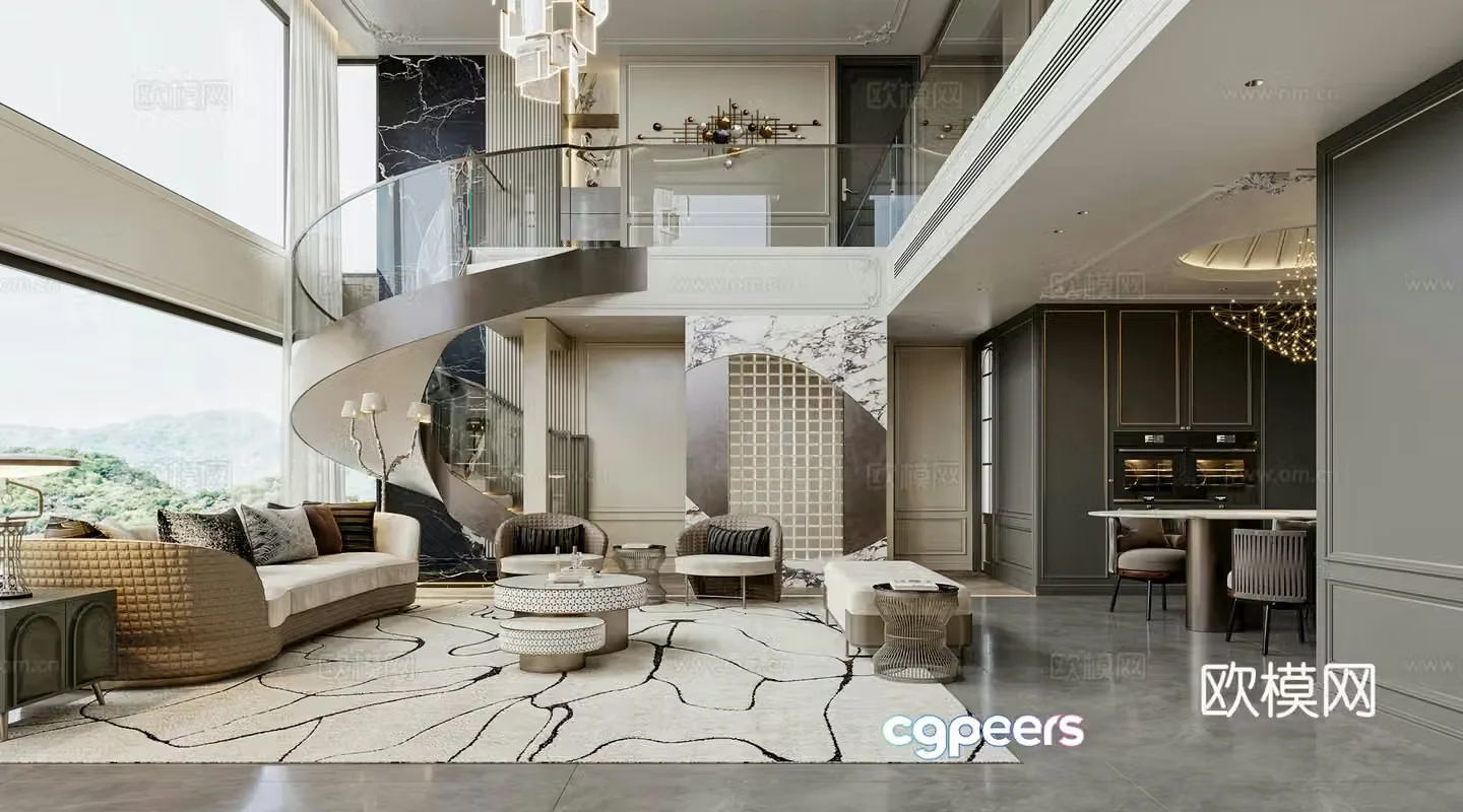 French empty living room sofa combination spiral stairs French villa living room 3D model