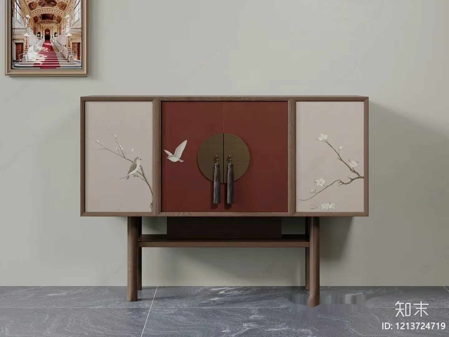 A Wooden Cabinet With A Red Door 3D Model – 10627 – VRAY Render