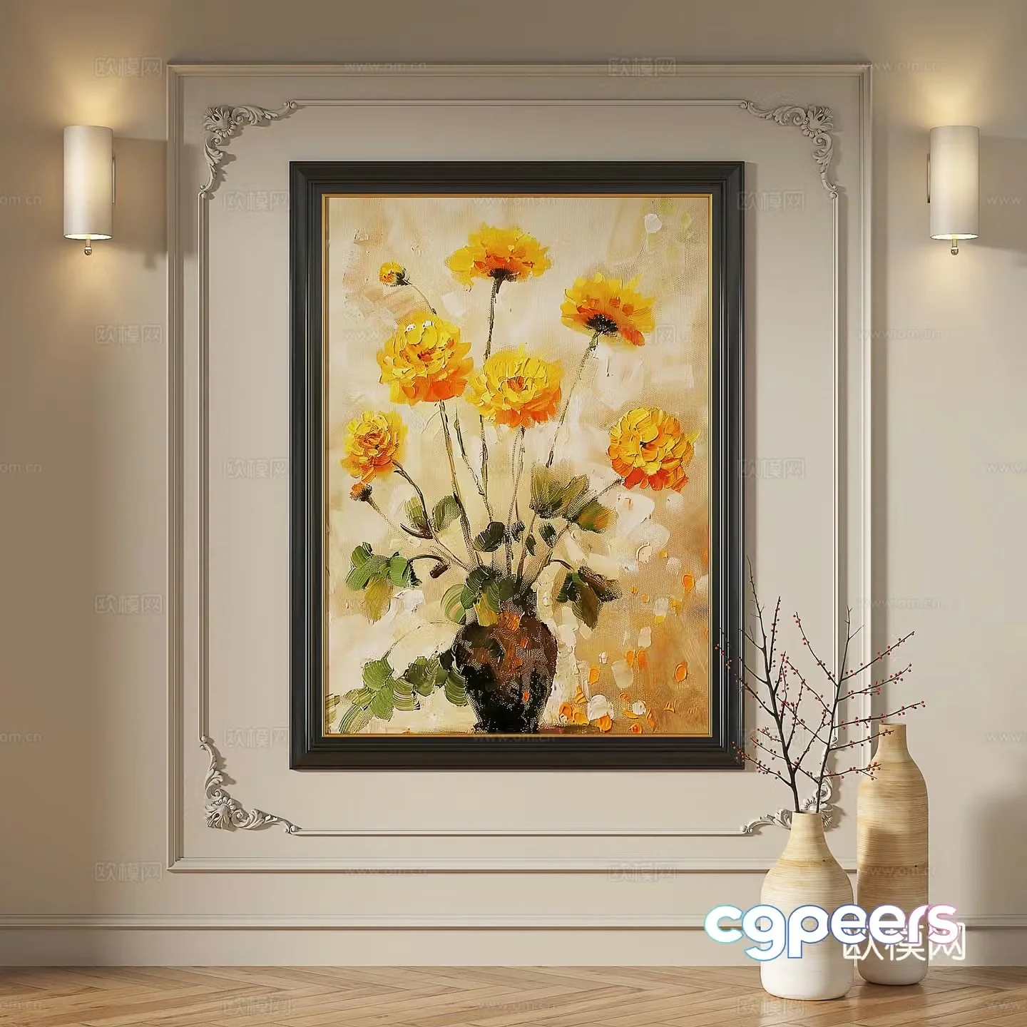 French modern retro medieval oil painting abstract light luxury decorative painting 3d model