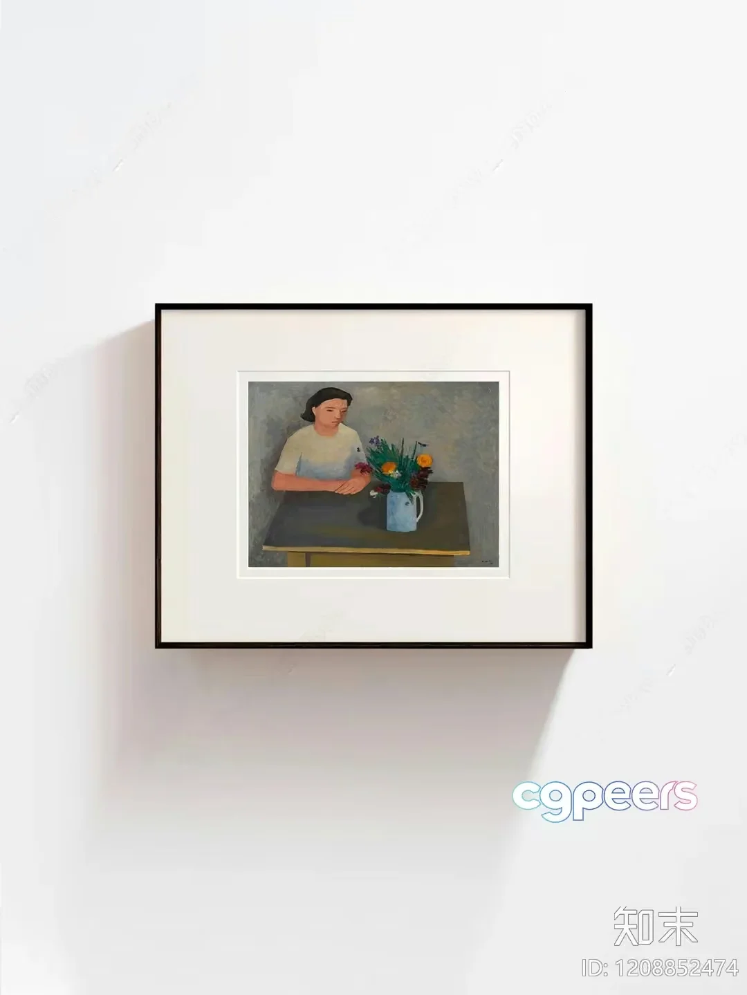 A Framed Painting Of A Woman Sitting At A Table With Flowers 3D Model – 20137 – VRAY Render