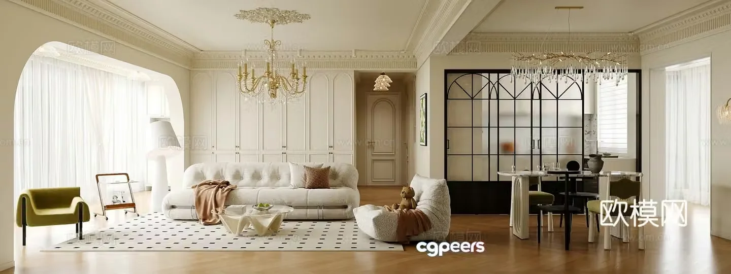 French living and dining room 3d model