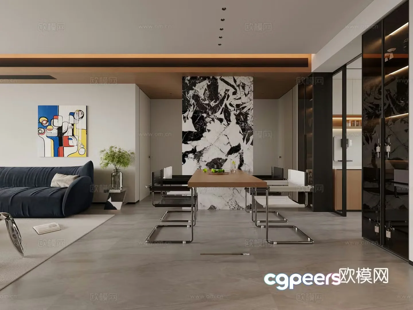 Modern log minimalist restaurant dining table and chair combination hanging painting panda marble 3d model