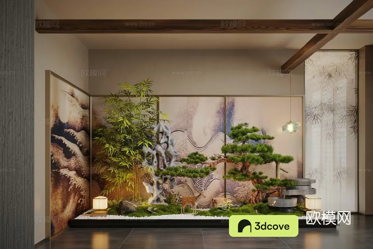 New Chinese style interior landscape plant landscaping pine moss landscape stone