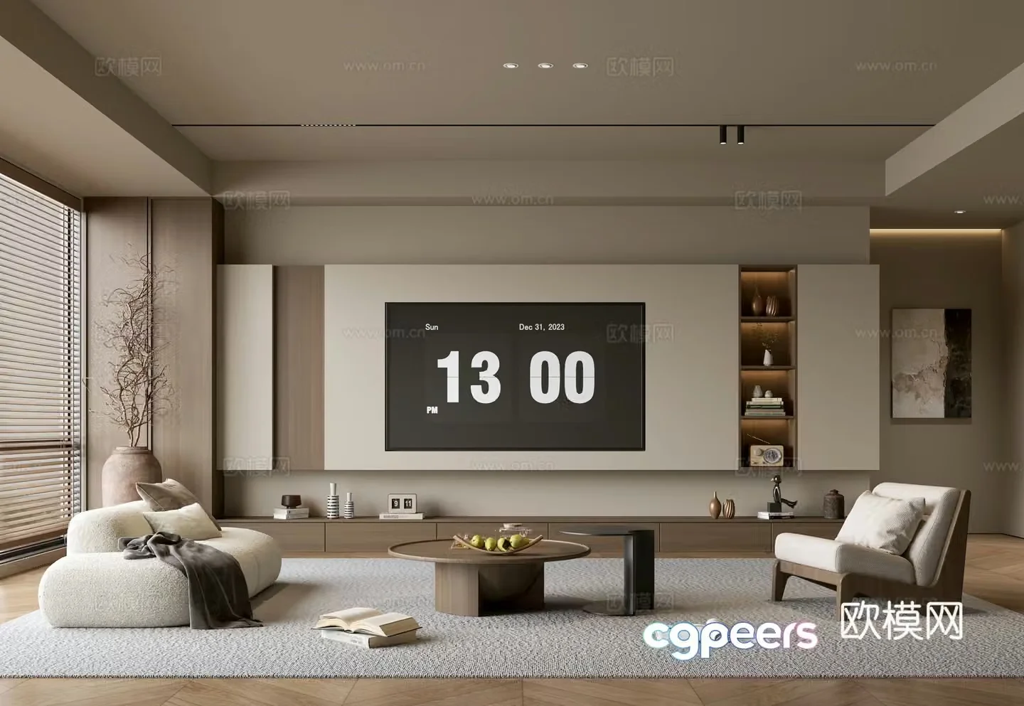 The ancient TV background wall of the TV cabinet and the background wall of the modern Wasabi style living room The ancient style 3D model