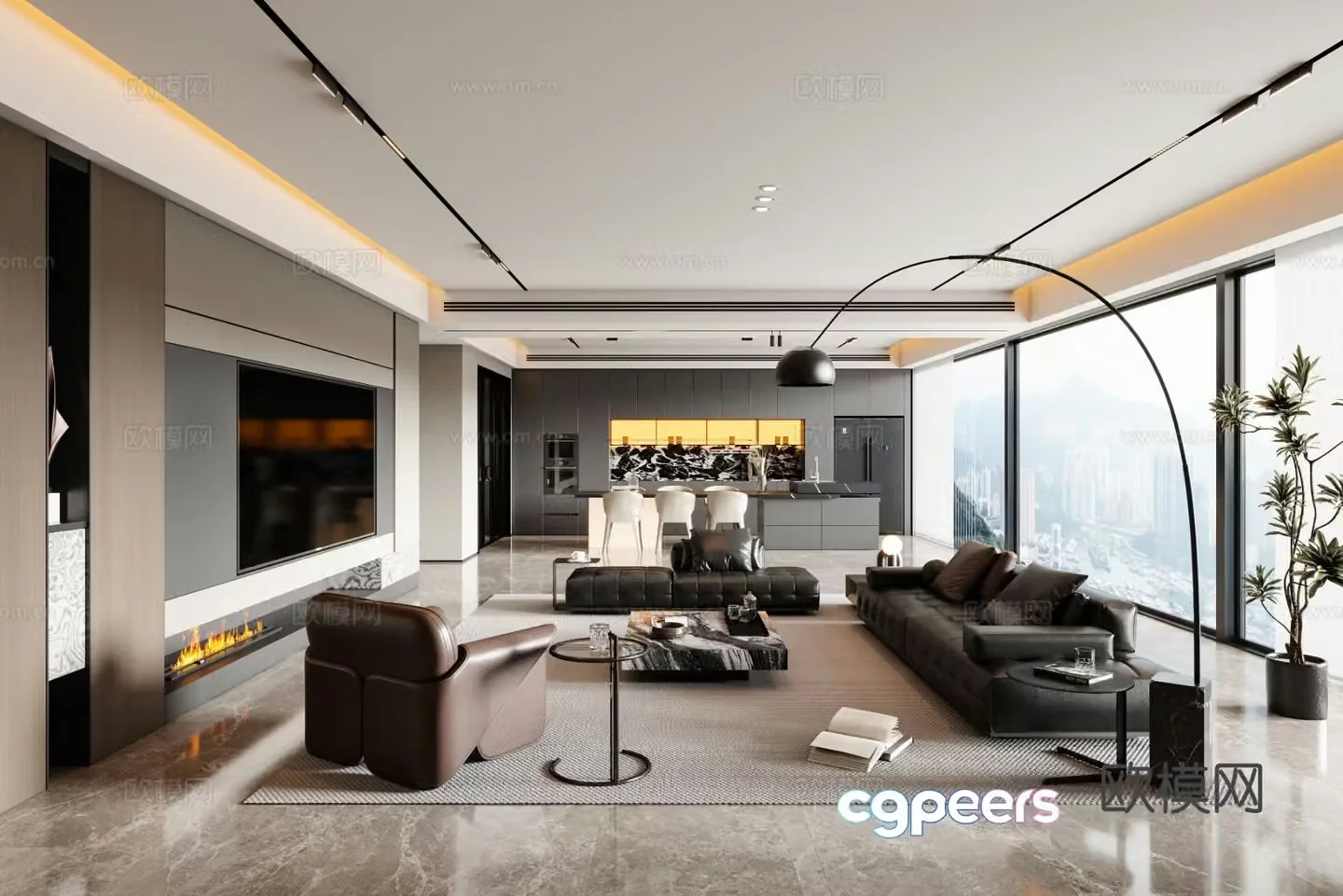Italian restaurant sofa coffee table dining table chandeliers TV background wall wine cabinet 3d model
