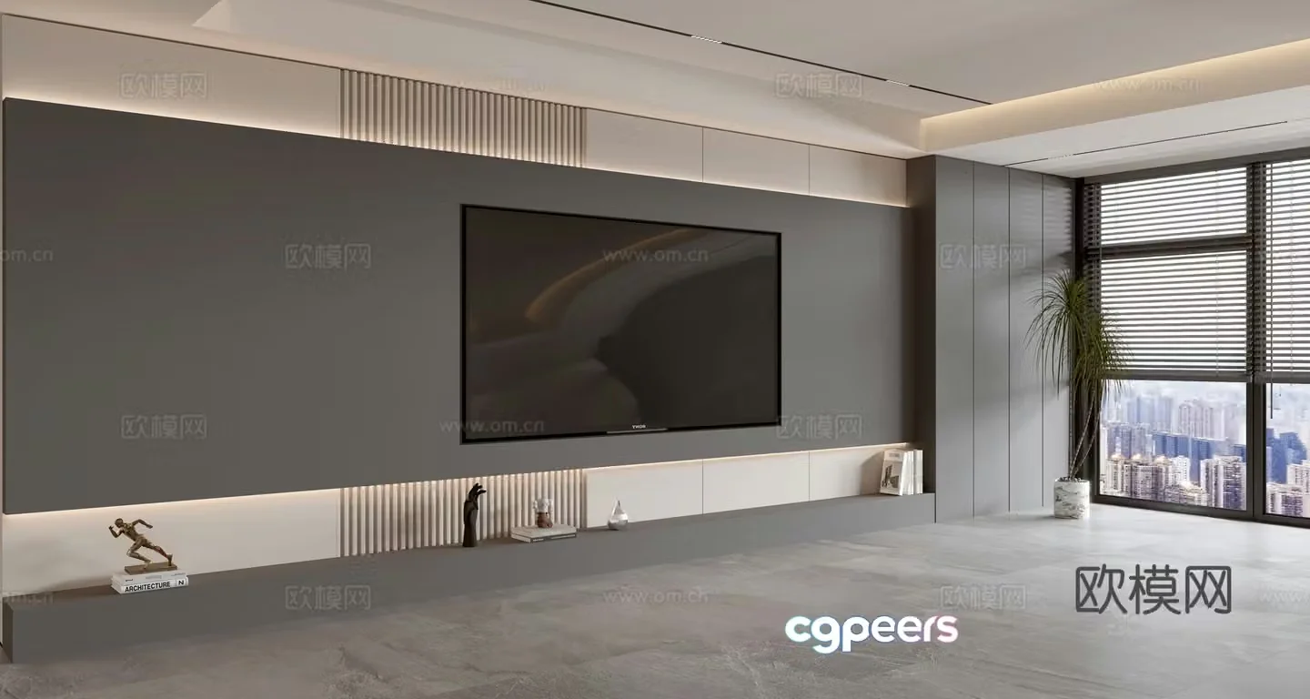 Modern simple living room light luxury TV background wall full wall TV cabinet 3D model