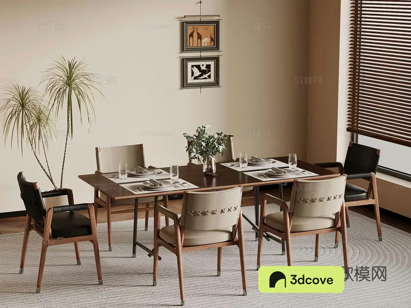 Medium style dining table and chairs tableware 3D model
