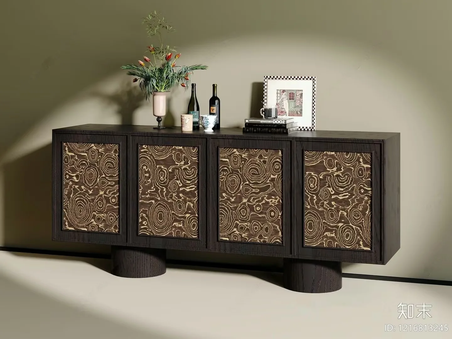 A Dark Brown Cabinet With Gold Accents 3D Model – 18189 – VRAY Render
