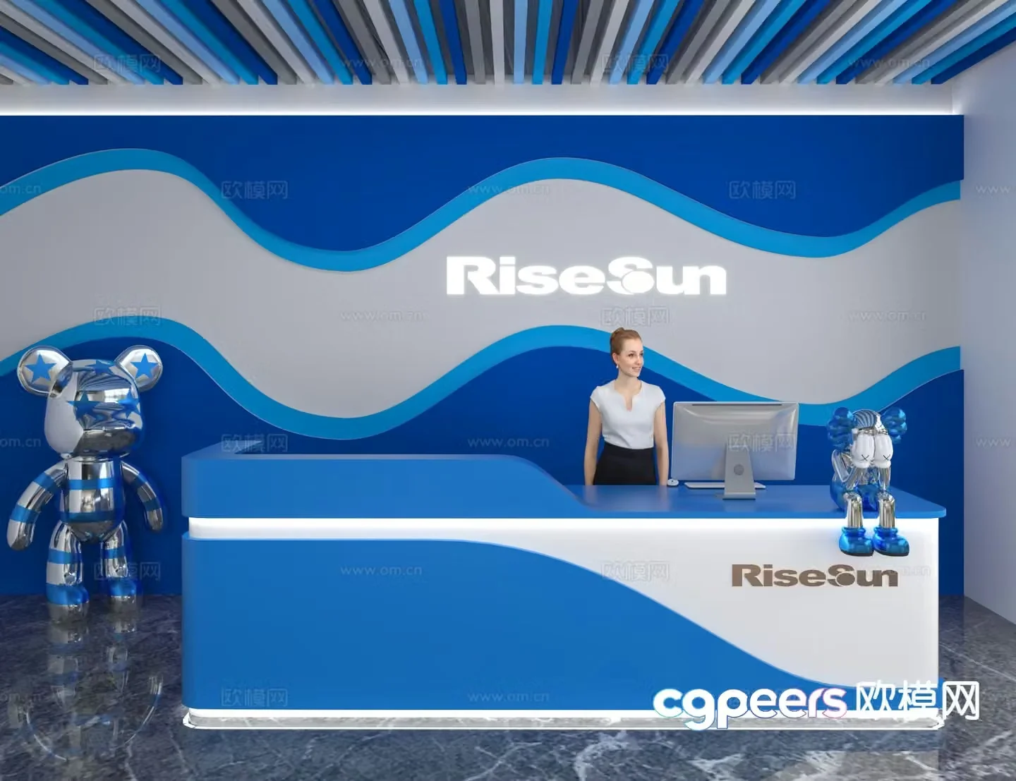 Modern front desk reception desk information desk office background 3d model